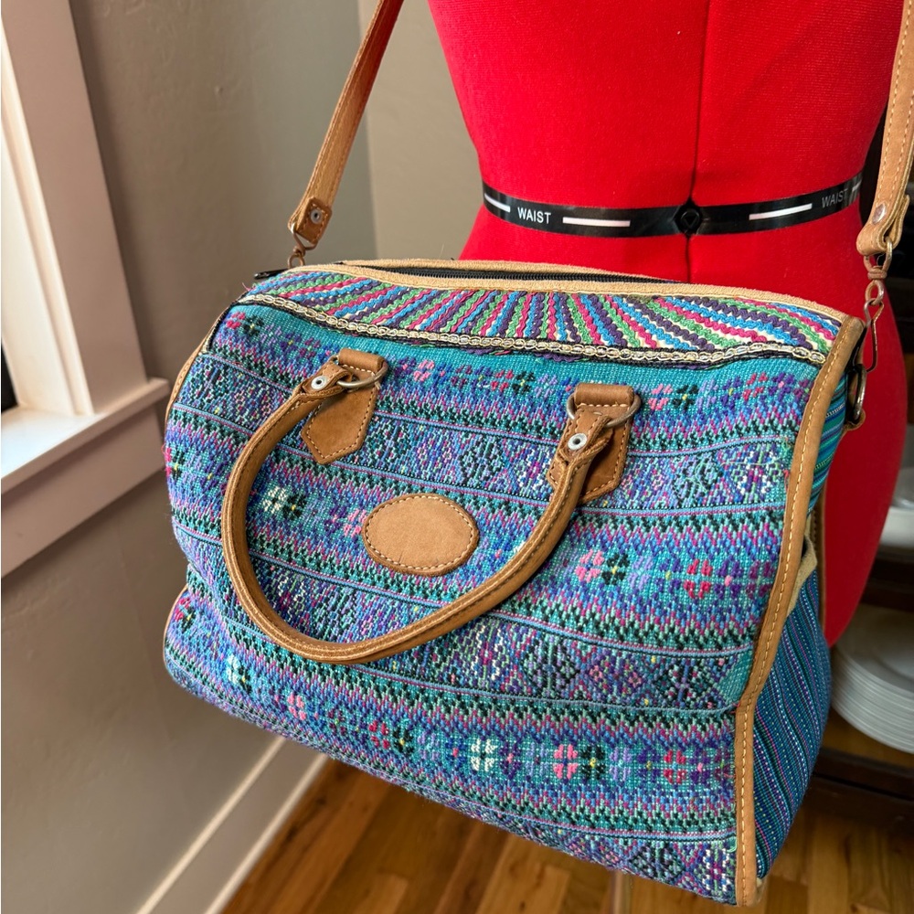Boho Woven Tapestry Satchel Bag Crossbody with Trim Vintage Style - Picture 2 of 7